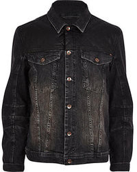 River Island Black Leather Look Panel Denim Jacket