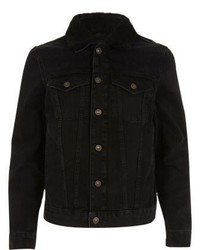 River Island Black Washed Fleece Collar Denim Jacket