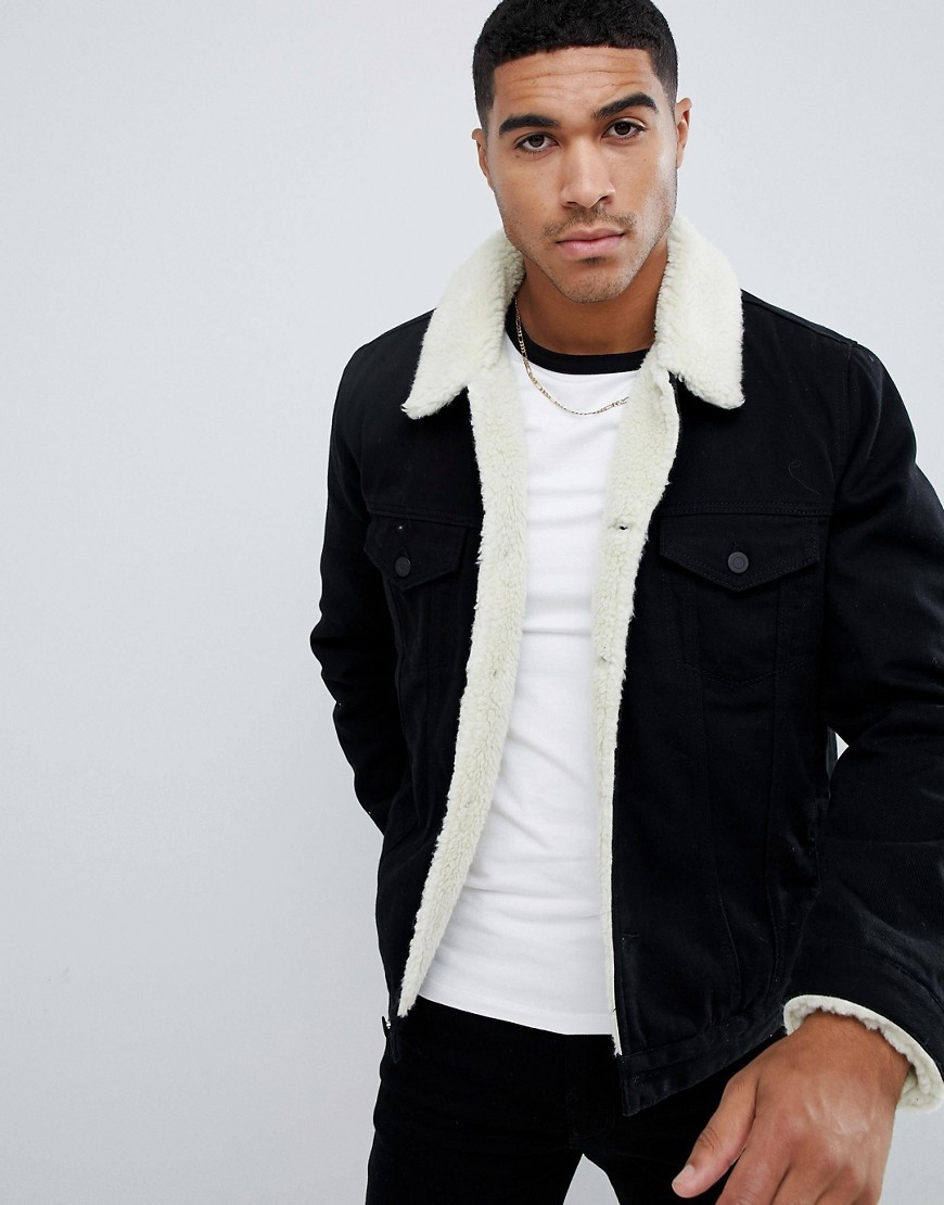 ASOS DESIGN Borg Lined Denim Jacket In Black, $60 | Asos | Lookastic