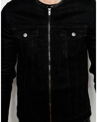 Asos Brand Collarless Denim Jacket In Black