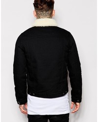 Asos Brand Denim Jacket With Fleece Collar In Black
