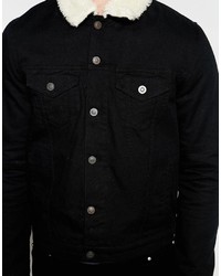Asos Brand Denim Jacket With Fleece Collar In Black Wash