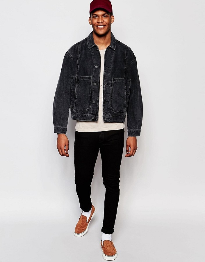 Asos Brand Denim Worker Jacket In Washed Black, $65 | Asos | Lookastic