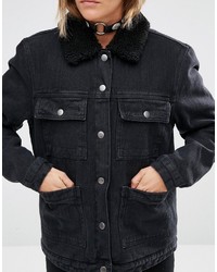 Asos Denim Borg Jacket In Washed Black With Pockets