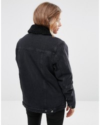 Asos Denim Borg Jacket In Washed Black With Pockets