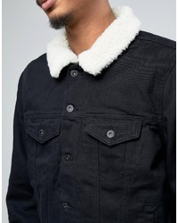 Asos Denim Jacket With Fleece Collar In Black Wash