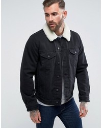 Asos Denim Jacket With Fleece Collar In Black Wash