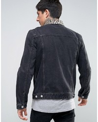 Asos Denim Jacket With Leopard Print Collar In Black Wash