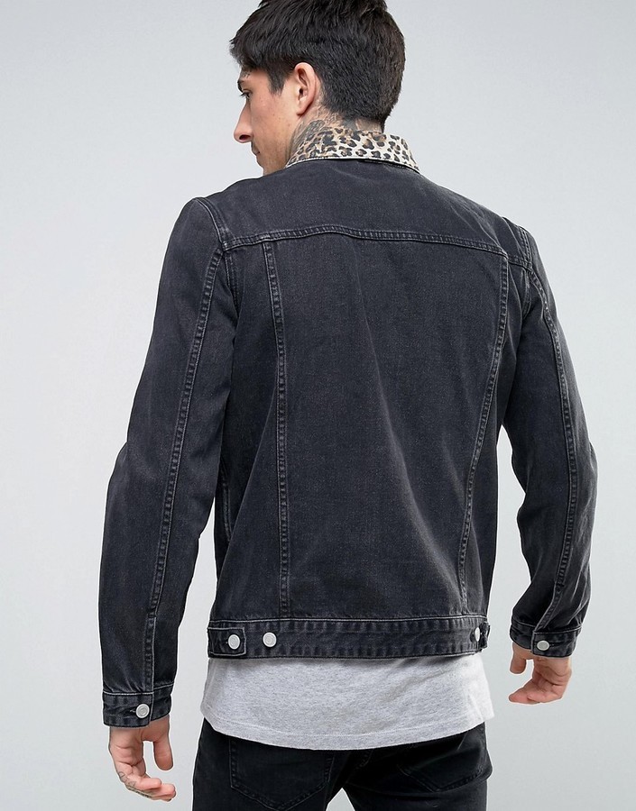 Black denim jacket outlet with leopard collar