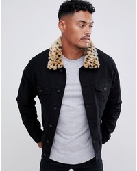 ASOS DESIGN Denim Jacket With Leopard Print Faux Fur Collar