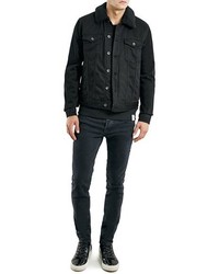 Topman Fleece Lined Black Denim Jacket With Plush Collar