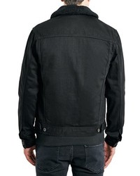 Topman Fleece Lined Black Denim Jacket With Plush Collar