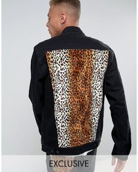 Reclaimed Vintage Inspired Oversized Denim Jacket With Leopard Print Panel
