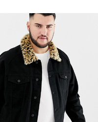 ASOS DESIGN Plus Denim Jacket With Leopard Print Faux Fur Collar