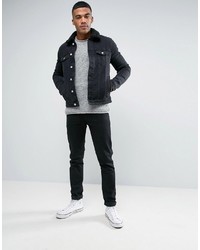 Asos Skinny Denim Jacket With Fleece Collar In Black Wash