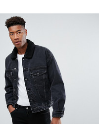 ASOS DESIGN Tall Oversized Denim Jacket With Borg Collar In Washed Black