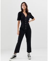 ASOS DESIGN Denim Jumpsuit With Puff Sleeve In Washed Black