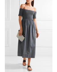 The Great The Carnival Off The Shoulder Shirred Cotton Chambray Midi Dress Mid Denim