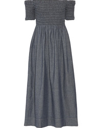 The Great The Carnival Off The Shoulder Shirred Cotton Chambray Midi Dress Mid Denim
