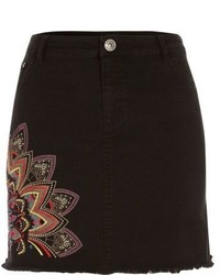 River Island Black Embroidered Denim Mini Skirt