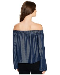 7 For All Mankind Bell Sleeve Off Shoulder Denim Top In Rinsed Night Clothing