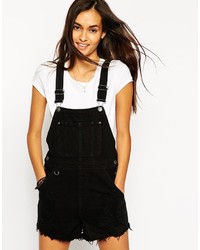 Asos Collection Denim Overall Short In Black With Raw Hem