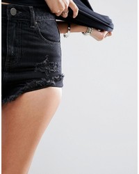 Asos Denim Shorts With Shredded Rips In Washed Black