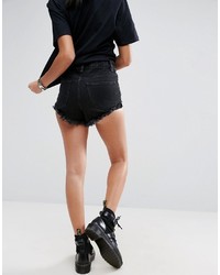 Asos Denim Shorts With Shredded Rips In Washed Black