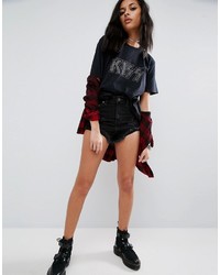 Asos Denim Shorts With Shredded Rips In Washed Black