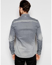 Asos Brand Skinny Denim Shirt With Rip And Repair In Long Sleeve