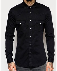 Asos Brand Skinny Western Denim Shirt In Black With Long Sleeves