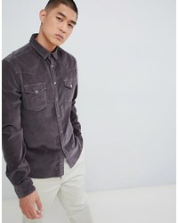 ASOS DESIGN Stretch Slim Western Cord Shirt With Poppers In Washed Black