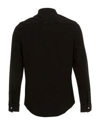 Topman Black Denim Long Sleeve Stand Collar Shirt