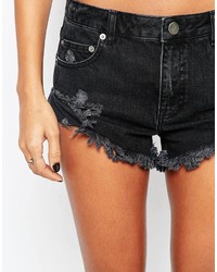 Asos Collection Denim Hotpant With Shredded Rips In Washed Black