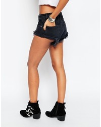 Asos Collection Denim Hotpant With Shredded Rips In Washed Black