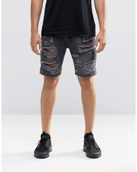 Asos Slim Denim Shorts With Extreme Rips In Washed Black