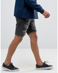 Asos Tall Slim Denim Shorts In Washed Black With Extreme Rips