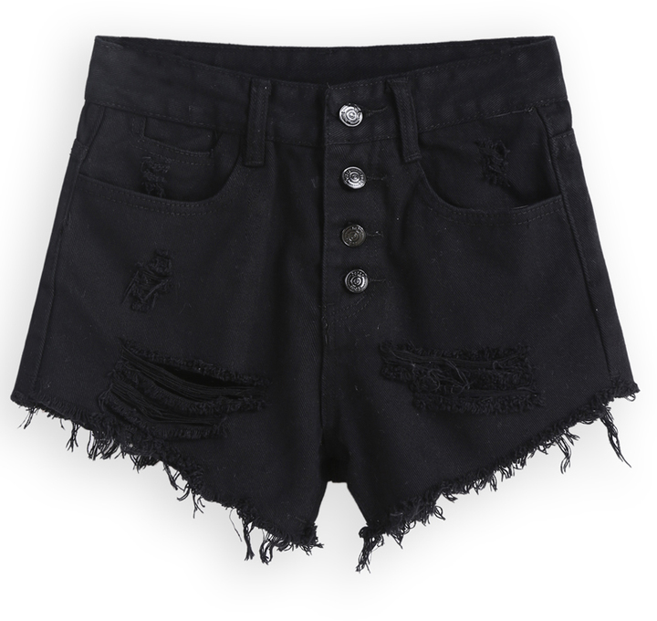With Buttons Ripped Fringe Denim Black Shorts, $20 | Romwe | Lookastic