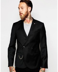Noose Monkey Noose Monkey Double Breasted Flannel Wool Blazer With Gold Chain In Super Skinny Fit