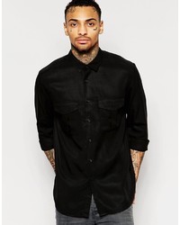 Asos Brand Military Shirt In Black Drape Fabric With Long Sleeves