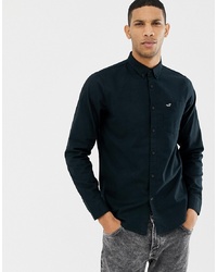 Hollister Icon Logo Cross Dye Oxford Shirt Slim Fit In Black