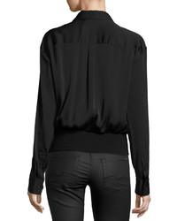 DKNY Long Sleeve Stretch Silk Pullover Shirt Black