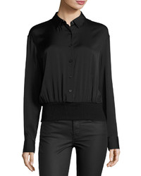 DKNY Long Sleeve Stretch Silk Pullover Shirt Black