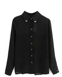 Romwe Metal Collar Long Sleeved Black Shirt