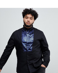 ASOS DESIGN Plus Slim Sa Shirt In Black With Navy Sequin Bib