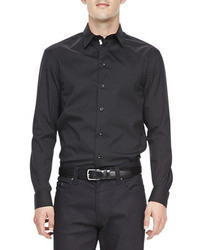 Armani Collezioni Poplin Grosgrain Placket Dress Shirt Black