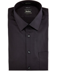 Neiman Marcus Trim Fit Stretch Woven Dress Shirt Black