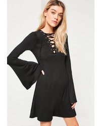 Missguided Black Oversized Lattice Front Flared Sleeve Dress