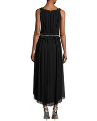 St. John Collection Crinkled Georgette V Neck Picot Edge Dress Black