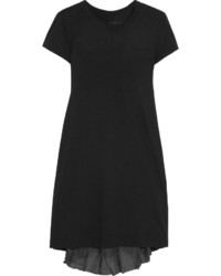 Sacai Crinkled Fluted Satin Paneled Cotton Jersey Mini Dress Black
